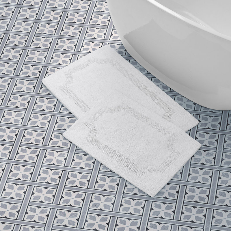 Laura Ashley Tablet Reversible Cotton Bath Rug, White, Set of 2