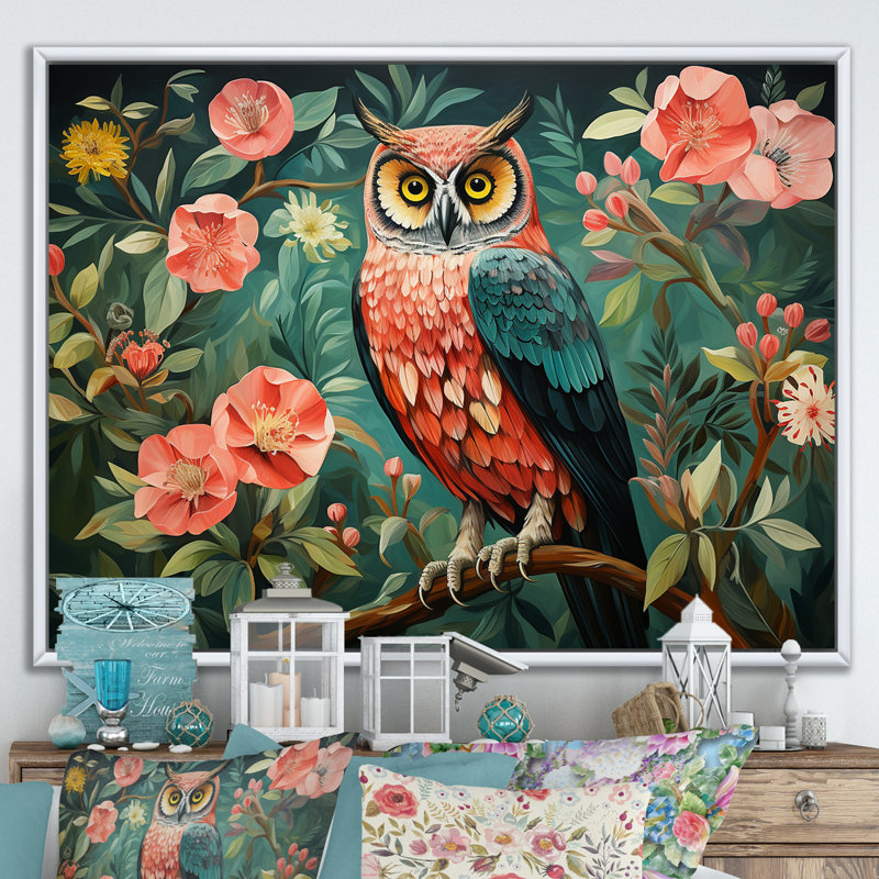 Hibou rose et gris dans le style Matisse V - Art mural animal hibou, Cadre flottant blanc, H 34 po x l 44 po x P 1,5 po