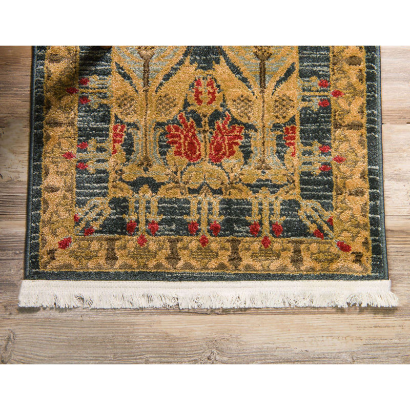 Tapis carré en polypropylène tissé à la machine en rouge / brun / bleu Akane, Tapis de couloir 2 pi 7 po x 12 pi