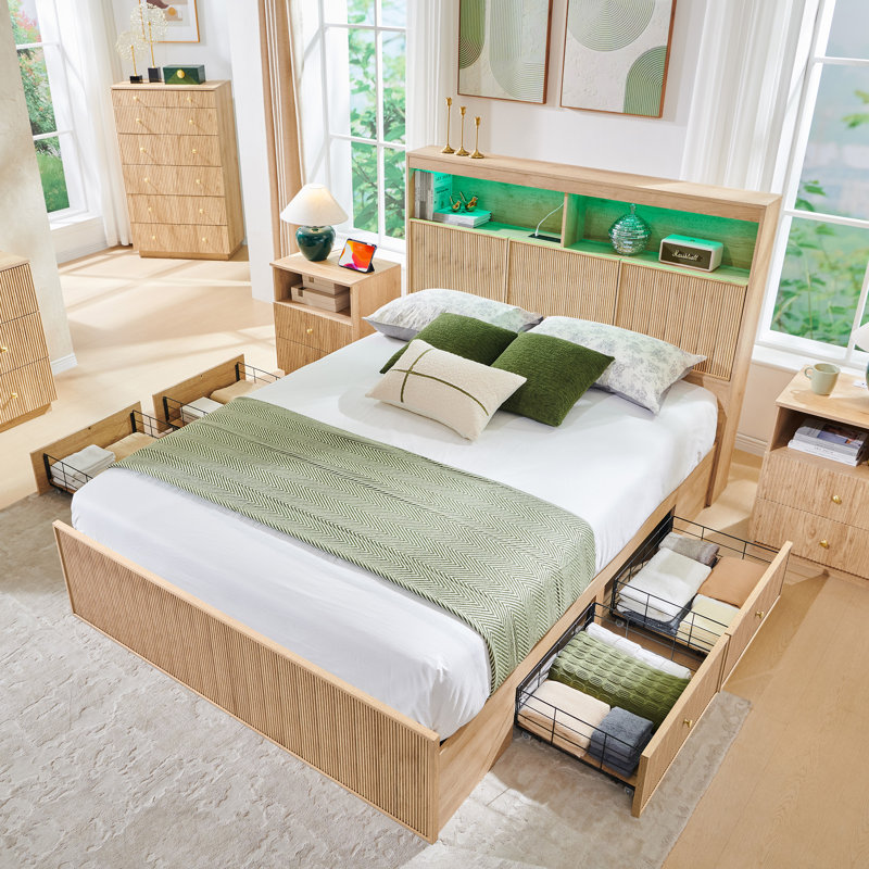 Bed Frame with Storage Headboard, LED Lights/Storage Headboard Charging Station, Modern 4-Drawers with Fluted Queen Size Wood Platform Bed Frame