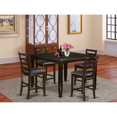 5 Piece Counter Height Dining Set Includes a Square Kitchen Table with Pedestal and 4 Faux Leather Upholstered Dining Chairs, Cappuccino