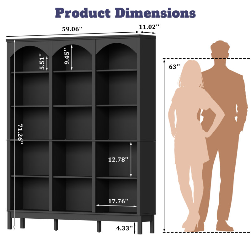 Bibliothèque à 5 niveaux avec tablettes ouvertes, L 59,06 po x P 11,02 po x H 71,26 po, Noir
