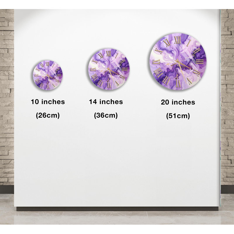 Horloge murale abstraite en verre trempé, horloge mauve, détails dorés, horloge décorative, décoration murale moderne, cadeau unique, horloge artistique