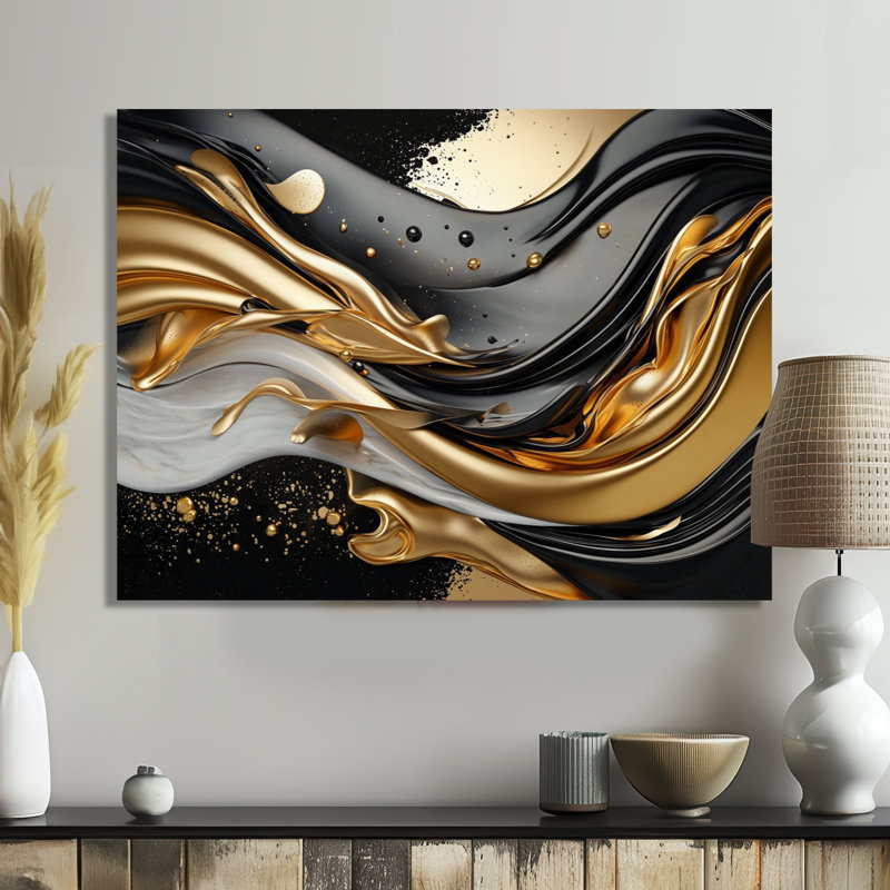 Fractal Waves Of Dark Golden Fusion I - Abstract Metal Wall Decor, Waves Metal Print, 16" H x 32" W x 0.84" D