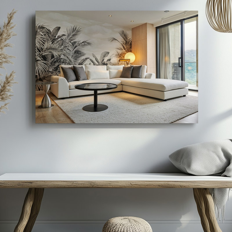 Toile d'un salon moderne avec un canapé modulaire blanc moelleux orné de coussins décoratifs gris placés contre une toile