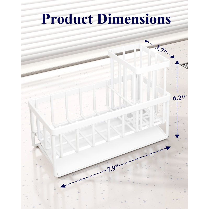 Sponge Holder for Kitchen Sink - Rustproof Stainless Steel Sink Caddy Organization and Storage Essentials with High Brush Holder, Home Decor Accessories, 7.9" x 3.7" x 6.2", White