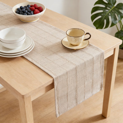 Linen Table Runner With Plaid Embroidery, Textured Woven Farmhouse Table Decor For Dining Room Kitchen Holiday And Everyday Use