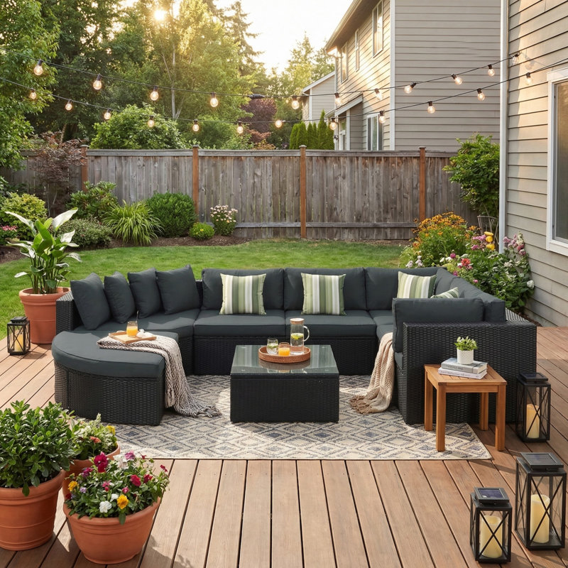 Ensemble de canapé modulaire en osier 7 pièces, ensemble de conversation en rotin 7 pièces avec coussins colorés pour patio, jardin, terrasse