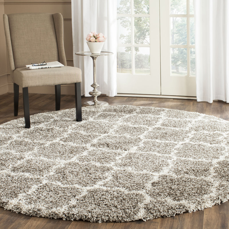 Tapis à poil long à motif géométrique gris, Rond 3 pi, Grey/Ivory