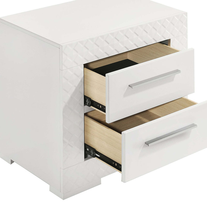 Table de chevet 2 tiroirs Pierce, Blanc brillant