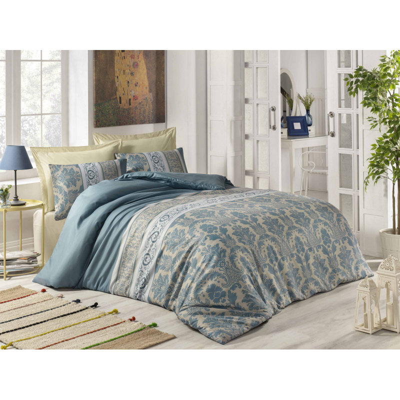 Ensemble de housse de couette 100% coton menthe / blanc / crème Toothman 3 pièces