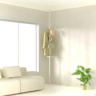 New style with trays Adjustable Laundry Pole Clothes Drying Rack Coat Hanger DIY Floor to Ceiling Tension Rod Storage Organizer for Indoor, Balcony - White