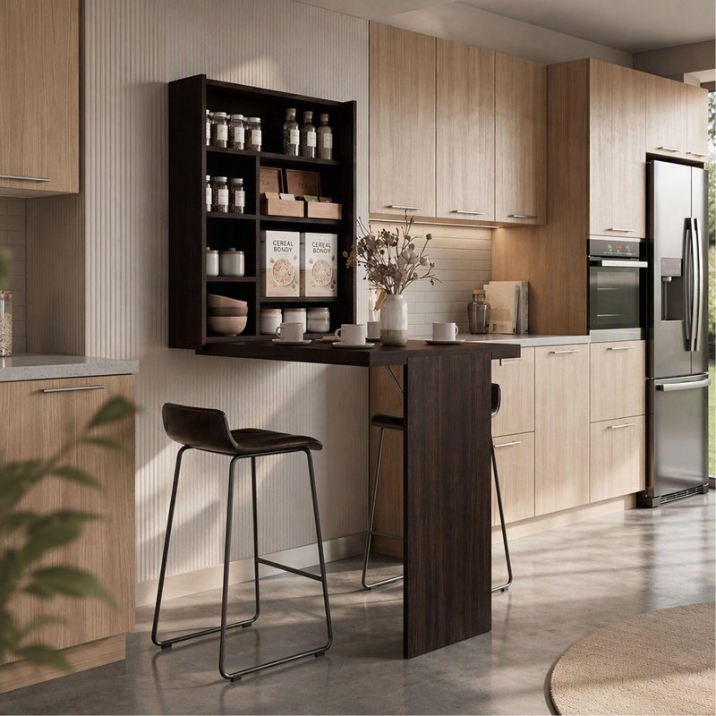 Stained  Wall-Mounted Bar Cabinet with Fold-Down Table
