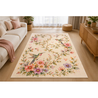 "Ultra Thin" Large 6'7" x 9'10" Hummingbird Heart Vine Area Rug for Living Room, Soft Low Pile Indoor Rug with Non-Slip Silicone Backing, Botanical Carpet for Bedroom, Office, Family Room, Cream Multicolor