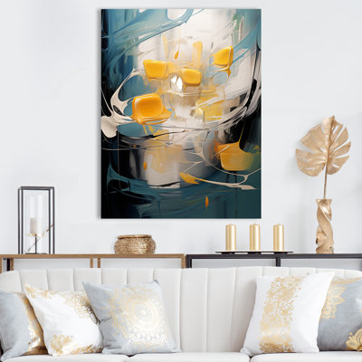 Sudden Happiness abstrait bleu sarcelle et jaune - peinture abstraite, impressions d'art mural