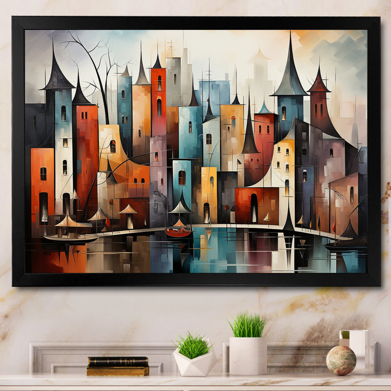 «Cubist Urbanism Horizon I», Cadre simple noir, H 24 po x l 32 po x P 1 po