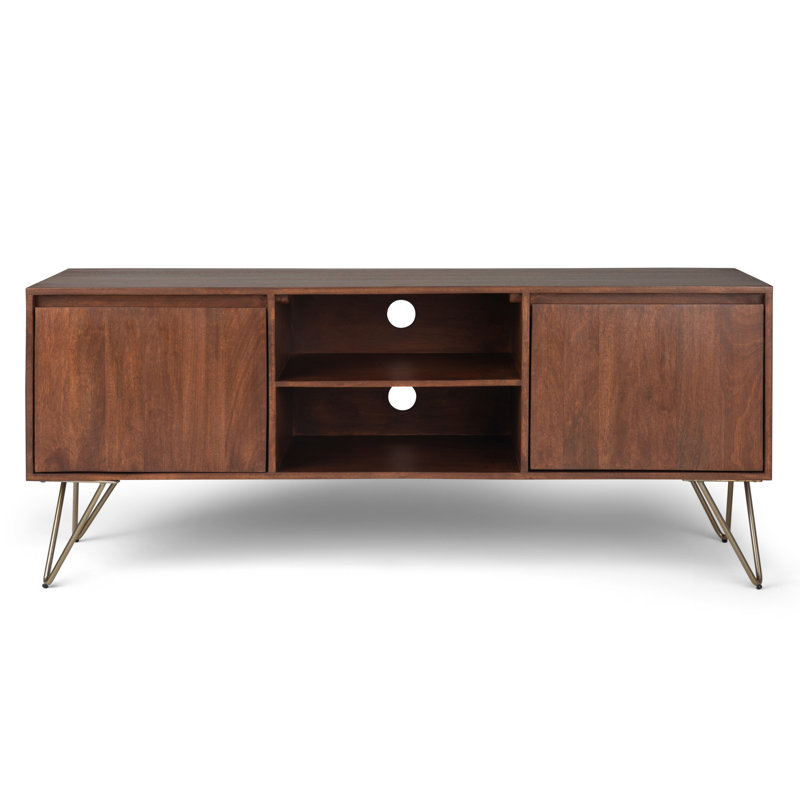 Hunter 60"W Solid Mango Wood Industrial TV Stand for TVs up to 65" with 2 Cabinets and Open Shelf, Umber Brown Stain
