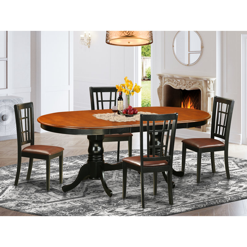 5 Piece Kitchen Table Set for 4 Includes an Oval Dining Room Table with Butterfly Leaf and 4 Faux Leather Chairs, Black & Cherry