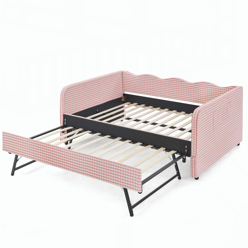 Lit de jour pleine grandeur, canapé-lit convertible polyvalent 3 en 1 Gingham avec gigogne escamotable et poches de rangement latérales