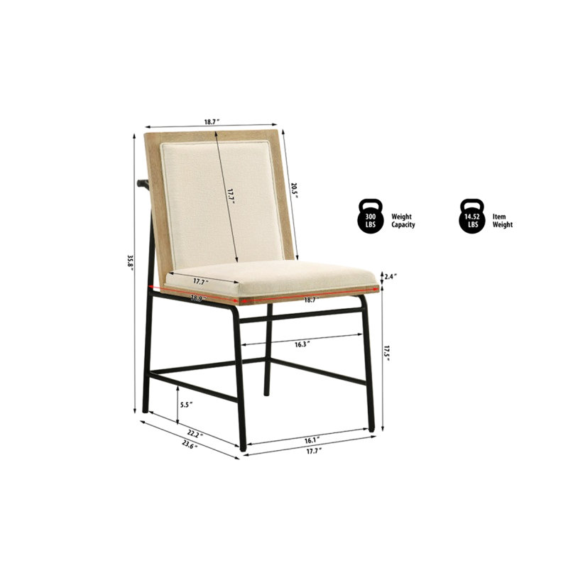Contemporain de 2 chaises rembourrées beiges avec dossier solide et pieds en métal noir, bois de chêne naturel pour une salle à manger éclectique, profondeur d'assise moderne de 17,7 po - finition fonctionnelle