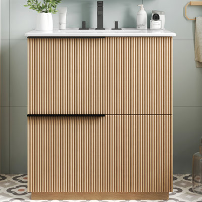Fluted Design Mdf Bathroom Vanity With Soft Close Drawers & Ceramic Sink For Elegant Bathroom Storage
