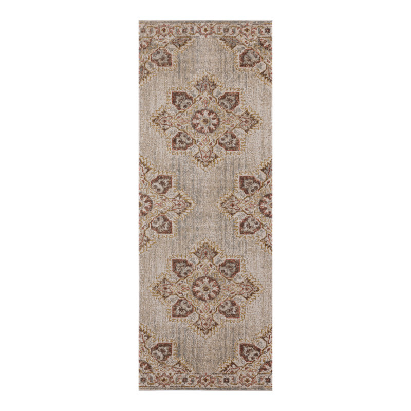 7' Beige Rust And Teal Medallion Runner Rug
