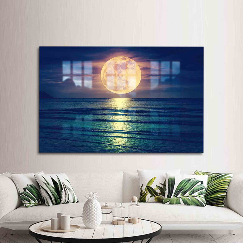 Full Moon Landscape Wall Art Featuring Tempered Glass Print for Stunning Seasparkle Wall Decoration, 27.6" H x 43.3" W