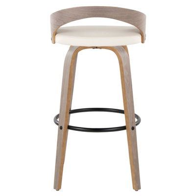 Fauteuil pivotant en similicuir blanc avec repose-pieds ronds en métal noir et repose-pieds en bois gris, pivotant à 360 degrés, pieds courbés, usage intérieur uniquement.