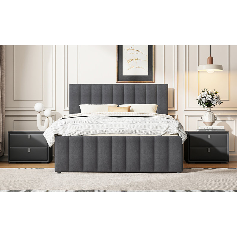 Lit plateforme tapissier gris avec lit gigogne simple et 3 tiroirs