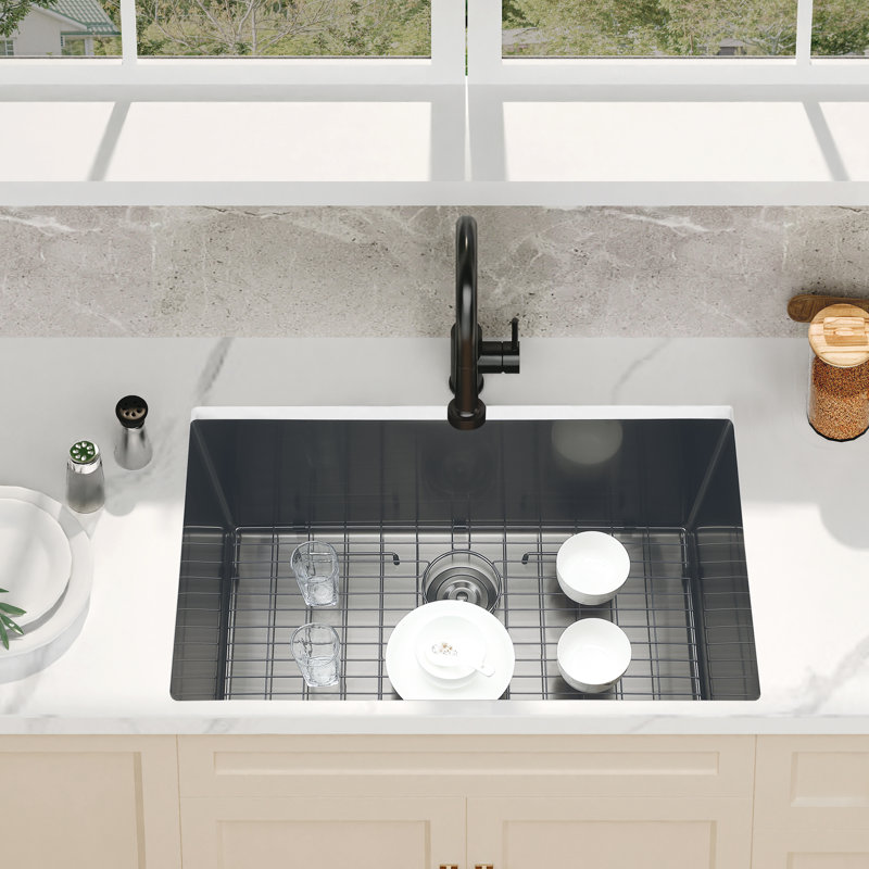 Évier de cuisine encastrable 32 po, évier de poste de travail en acier inoxydable T-304 de calibre 16, profondeur de 10 po, finition brossée, avec grille inférieure et ensemble de drain