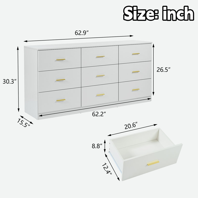 Commode moderne avec 9 tiroirs et poignées dorées