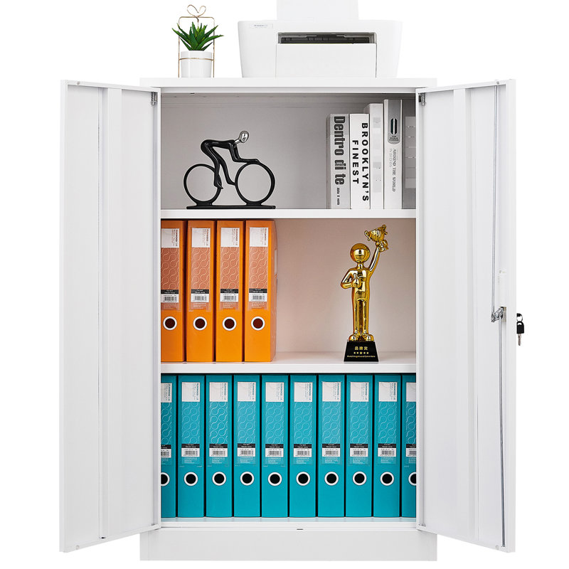 Folding Filing Storage Cabinet With Adjustable Shelf - White For Garage Use Metal Garage, Home Office Locking Door, White