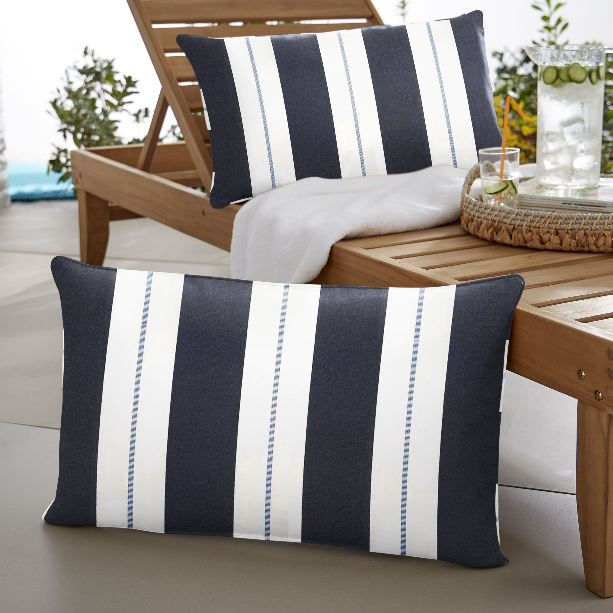 Deana Striped Sunbrella® Indoor/Outdoor Lumbar Throw Pillow, 13" H x 20" W, Blue/White