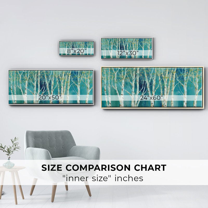 Birch on Blue- Framed Canvas, 8" H x 20" W