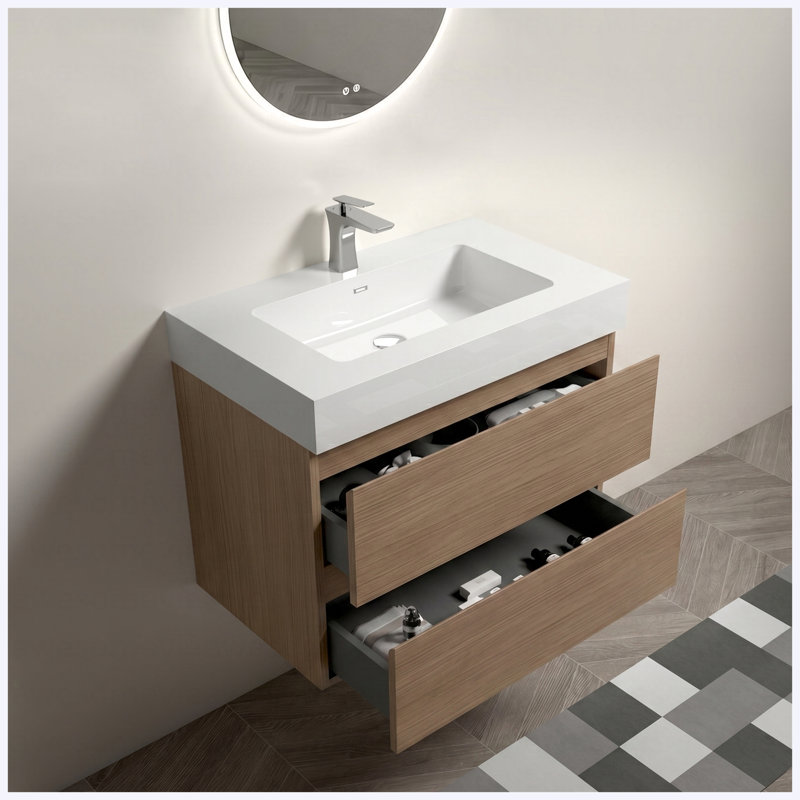 Meuble-lavabo flottant mural 30 po en noyer brun avec évier, grand rangement, pré-assemblé, lavabo une pièce blanc, 30" W