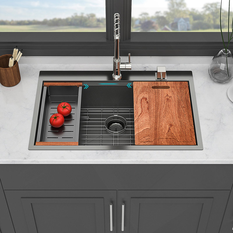 Évier de cuisine à simple cuve en acier inoxydable de 33 pouces avec station de travail à rebord et technologie d'insonorisation