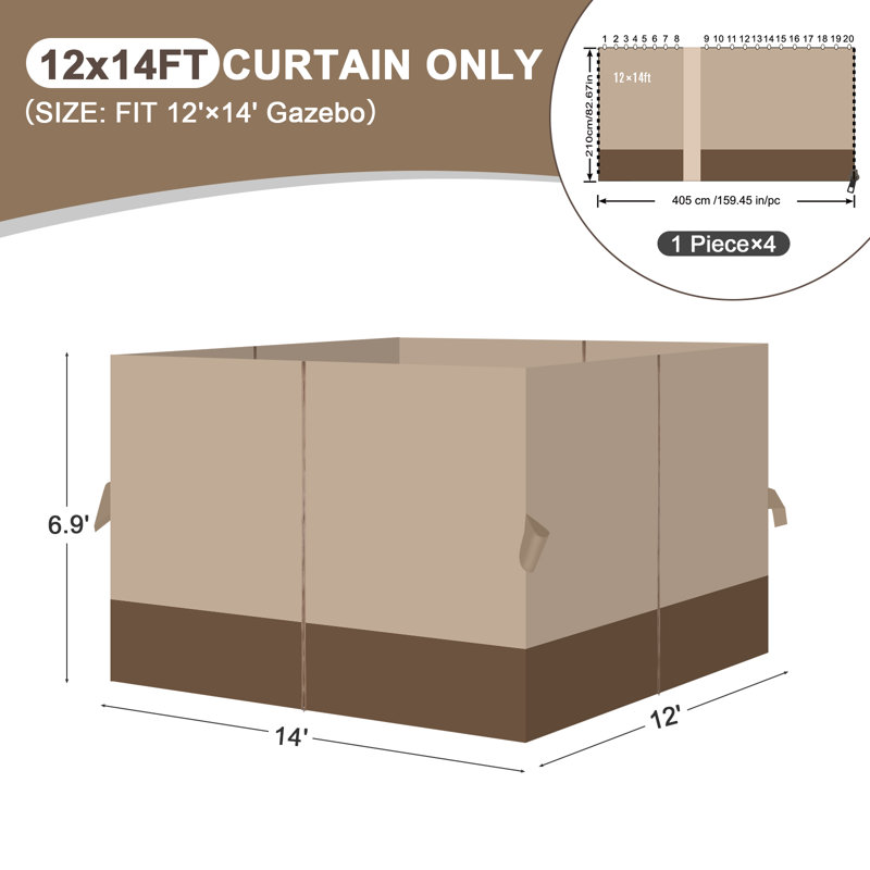 Aoodor Replacement 4-Panel Gazebo Sidewall Curtains, Sand Yellow and Brown, 82.7" H x 144" W x 168" D