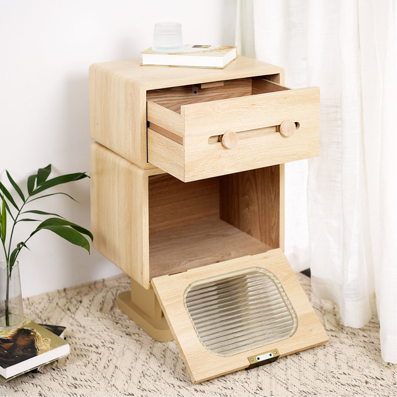 Table d'appoint robot avec rangement en verre trempé, poignées ergonomiques et verre givré rotatif créatif, tiroir lisse, assemblage facile pour les petits espaces de vie