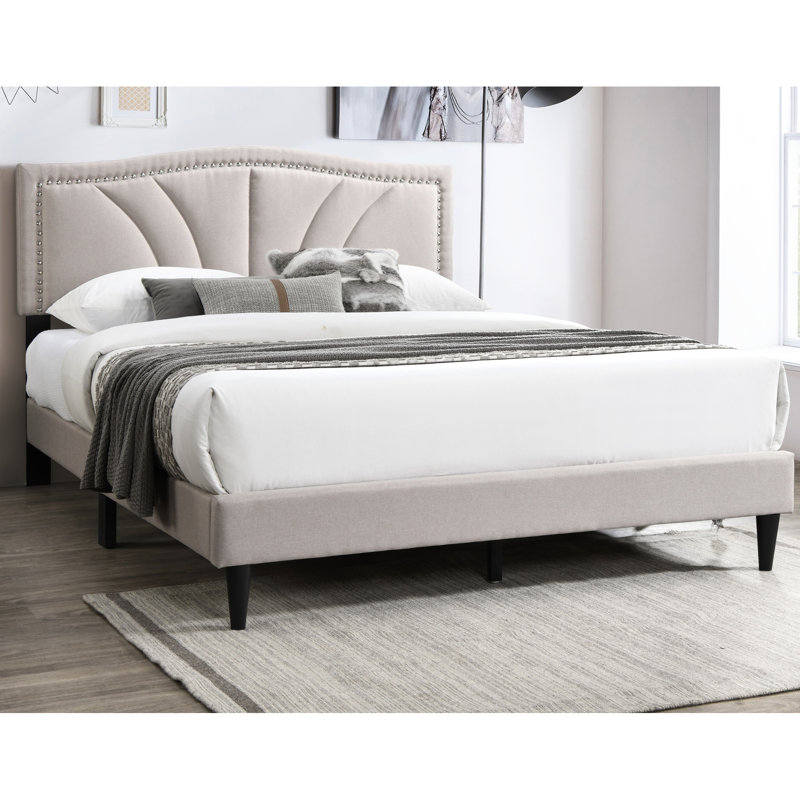 Grand lit en toile de jute de style moderne avec tête de lit élégante et sans sommier tapissier, Light Brown