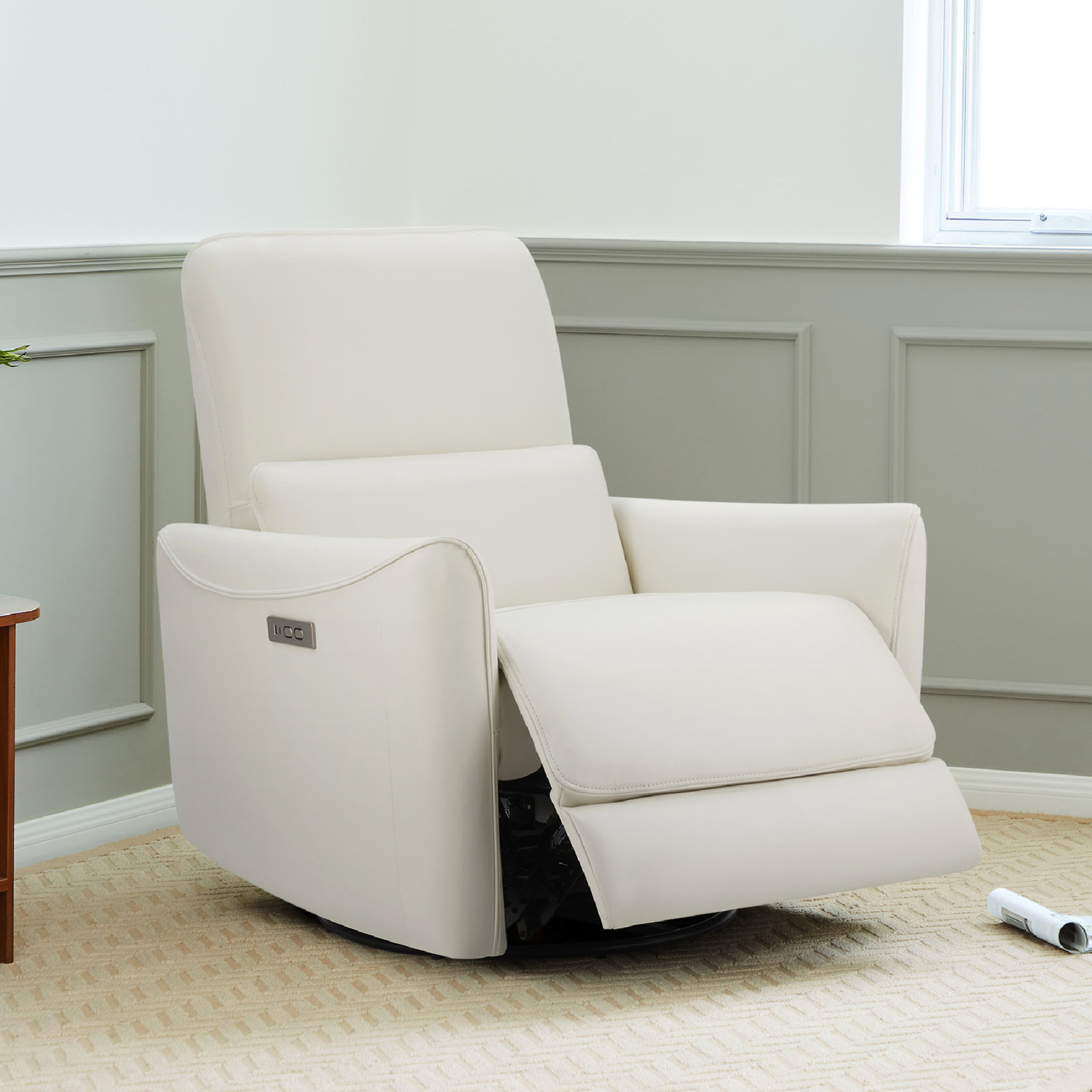 Santo 33" Genuine Leather Swivel Power Recliner, Impression White Top Grain Leather
