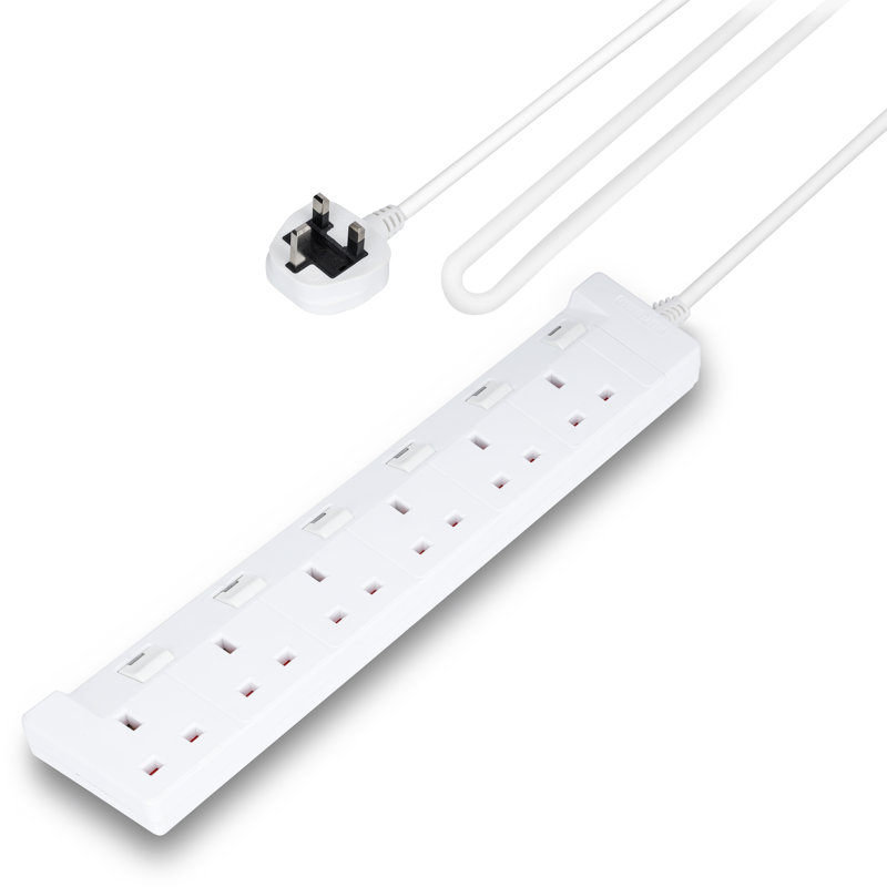 GEEPAS 6 Gang Extension Lead | 6-Way Plug Extension Cable | 6 Socket Desk Power Strip with Individual Switches for Home Office | Heavy Duty UK Plug | White