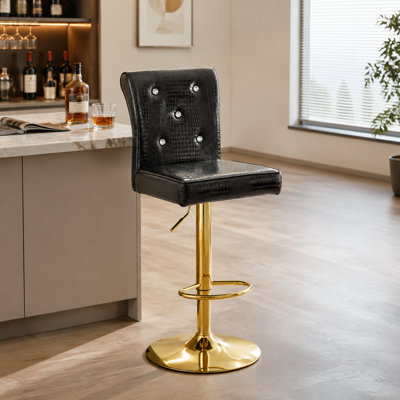 Modern 2‑Piece Bar Bistro Set, Round Tempered Glass Pub Table with Gold Chrome 4‑Claw Base, Swivel Height‑Adjustable Black Crocodile PU Bar Stools with Crystal Buttons for Apartment & Breakfast Nook