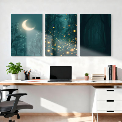 Moonlight Forest With Fireflies Canvas Wrapped Wall Art Set Of 3 For Living Room Bedroom Home Decor