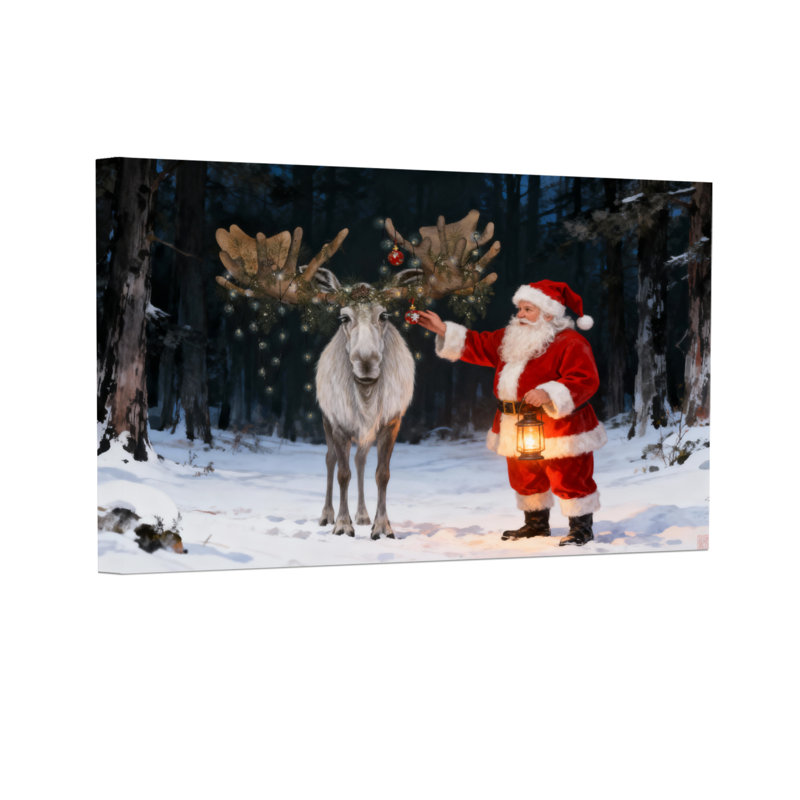Noël, père Noël et orignal dans la forêt enneigée, H 16 po x l 24 po