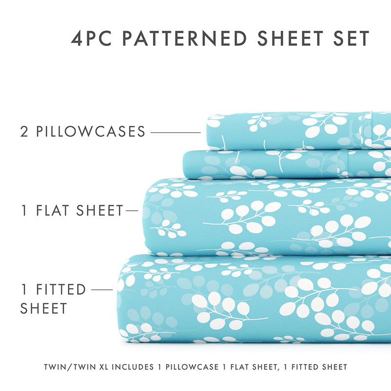Sheet Set Solid Microfiber Ultra Soft Bedding, Twin Sheet Set with 1 Pillowcase, Pale Blue Floral