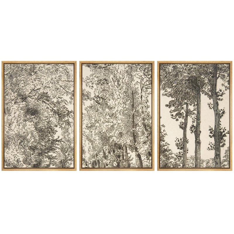Forest Landscape " Country Homestead Rustic Cabin And Trees Vintage Style Illustration Modern Decor Chic " 3 - Pieces