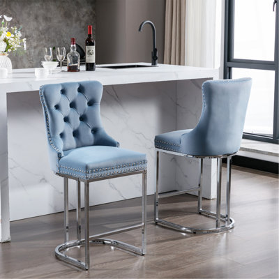 Modern Velvet Barstools With Button BackRivet Trim Upholstered Kitchen Island Chairs With Sturdy Chromed Metal Base Legs