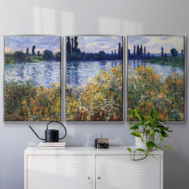 «Seine Shores At Vétheuil» par Monet, reproduction sur toile 3 pièces, H 40 po x l 78 po x P 2 po, Argent