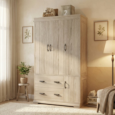 70" Tall 4-door Wooden Wardrobe Closet With 2 Drawers & 3 Shelves, Freestanding Bedroom Armoire With Hanging Rod, Storage Cabinet For Clothes by Ebern Designs
