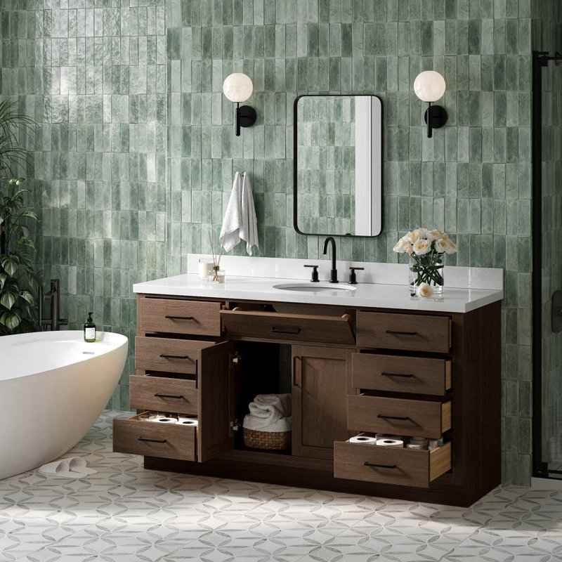 Meuble-lavabo simple en bois massif 66 po avec plateau en quartz blanc Thornaby, Ovale, Chêne brun